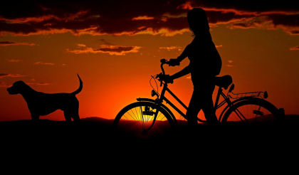 Femme à vélo avec chien