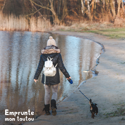 FEMME QUI PROMÈNE SON CHIEN