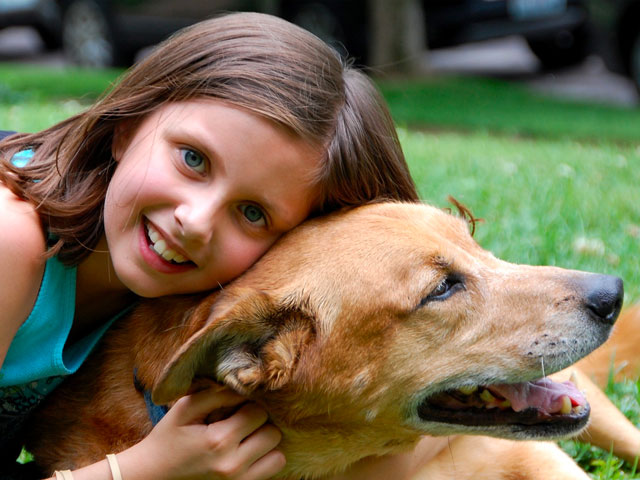 Fille faisant un câlin à un chien