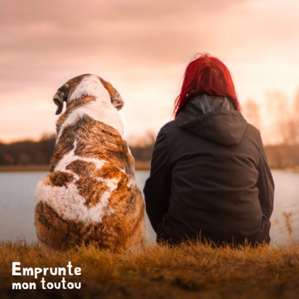 FEMME ASSISE DE DOS A COTE D'UN CHIEN