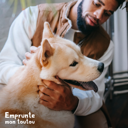 Jeune homme caressant un chien de race akita