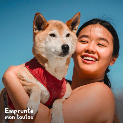 femme souriante portant un chien de race shiba inu dans ses bras