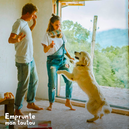 CHIEN SAUTANT DE JOIE SUR SES MAÎTRES