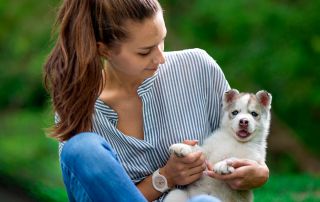 jeune femme tenant un chiot husky dans ses bras